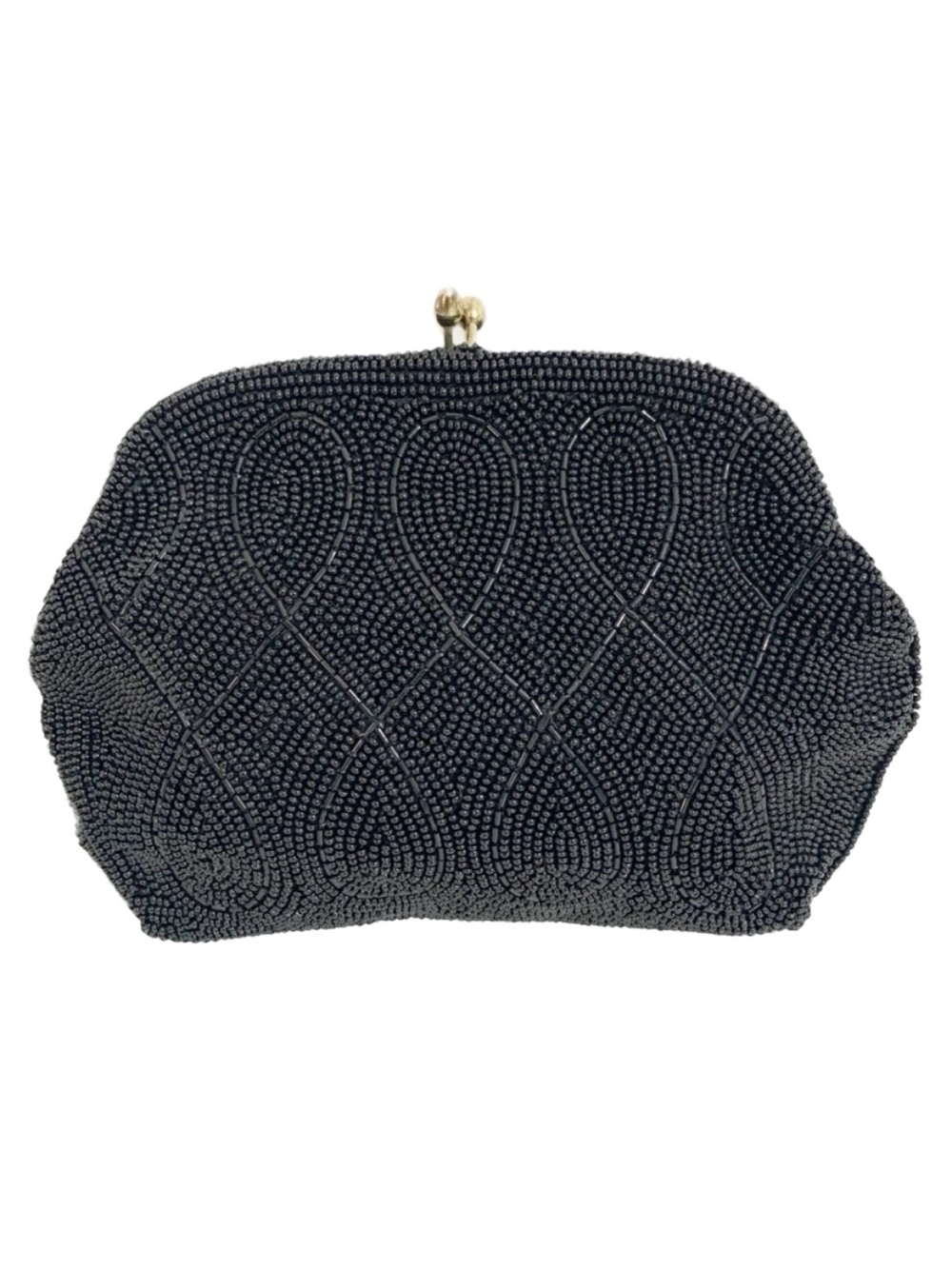 Vintage Unbranded Beaded Kiss Lock Clutch Fully Satin Lined Brass Toned Hardware